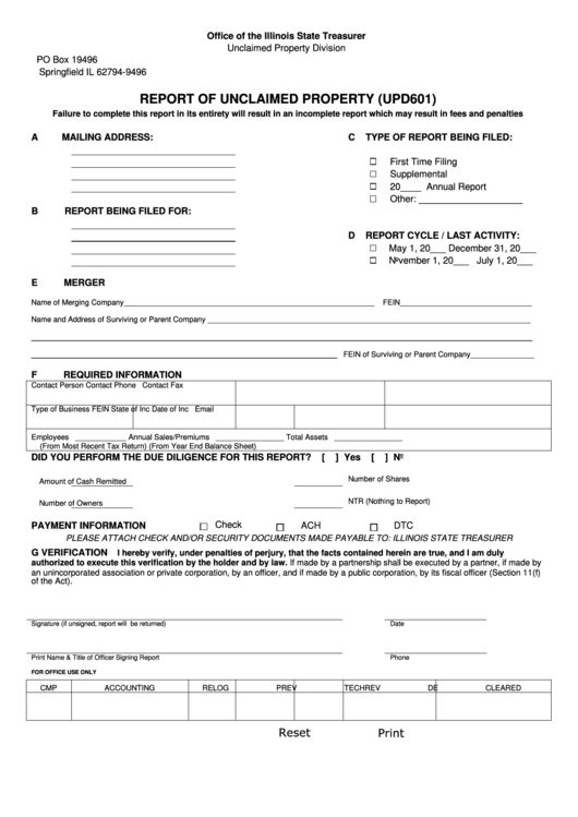 Fillable Form Upd601 - Report Of Unclaimed Property Printable pdf