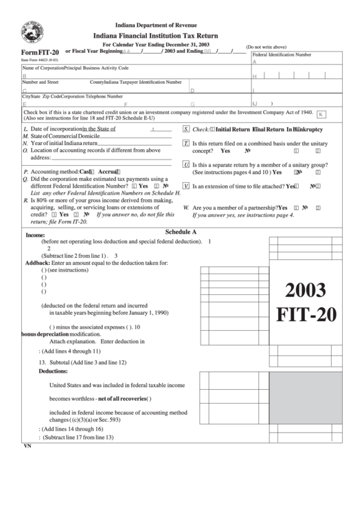 Form Fit-20 - Indiana Financial Institution Tax Return - 2003 Printable pdf