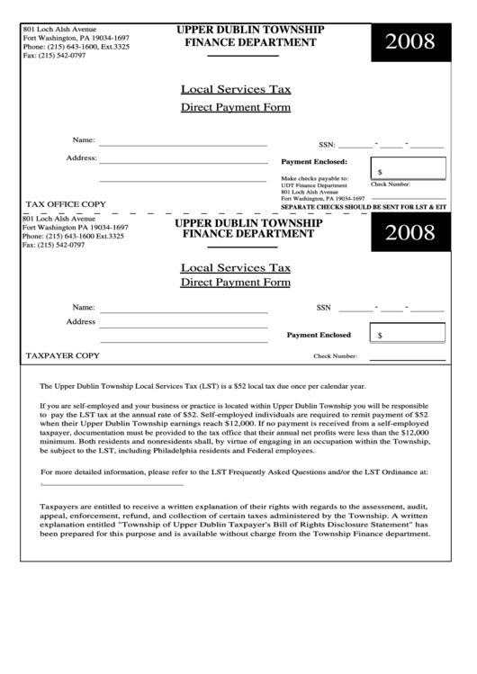 Fillable Local Services Tax Direct Payment Form - Upper Dublin Township - 2008 Printable pdf