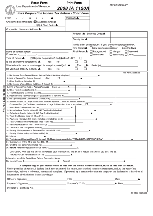 Fillable Form Ia 1120a - Iowa Corporation Income Tax Return - Short Form - 2008 Printable pdf