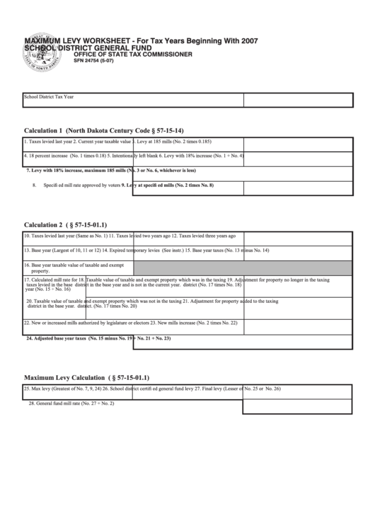 Maximum Levy Worksheet School District General Fund Printable pdf
