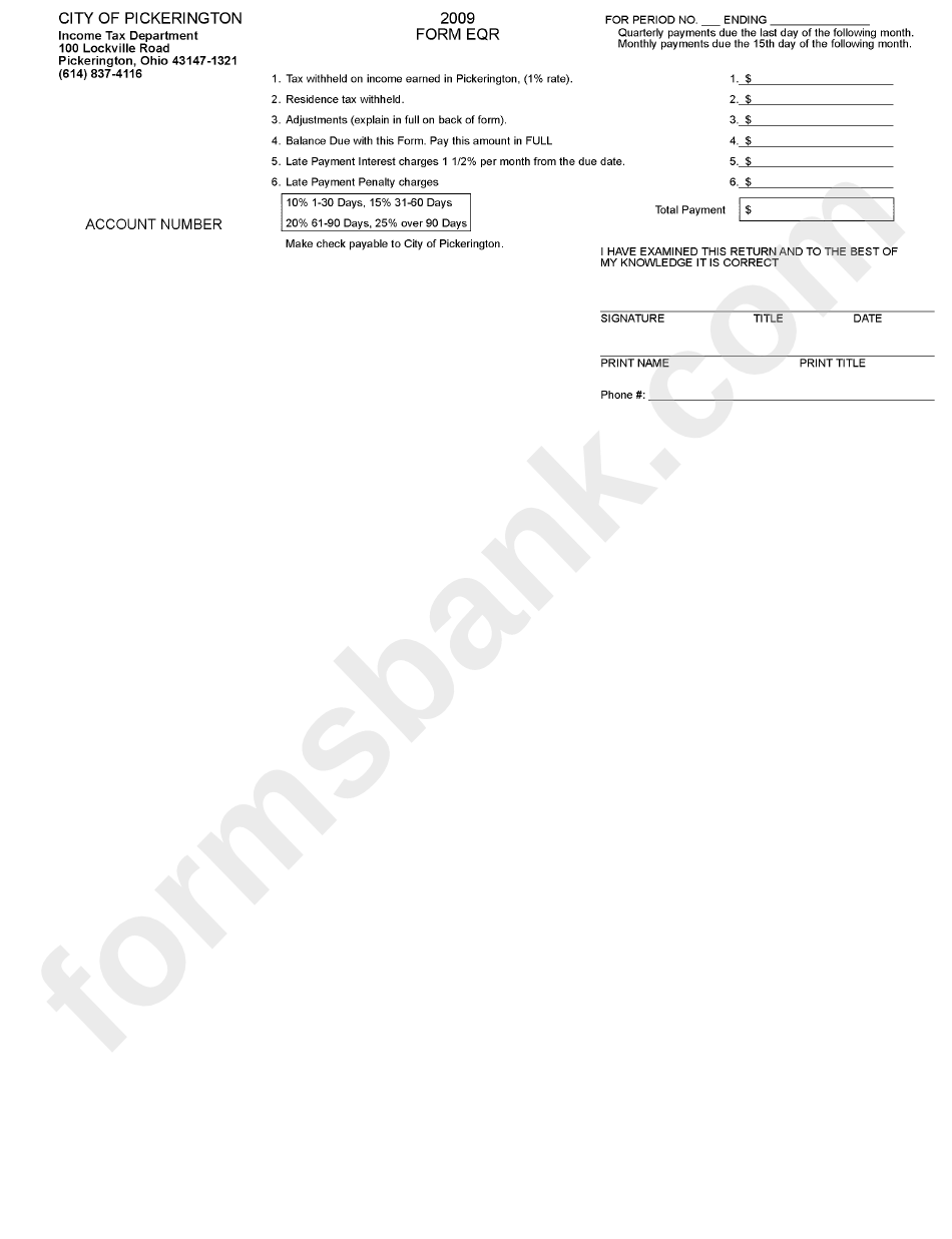 Form Eqr - City Of Pickerington - Income Tax Department