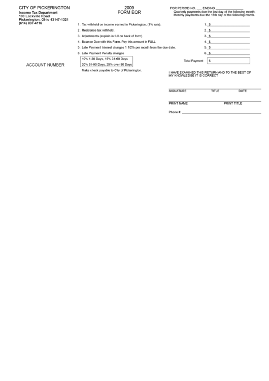 Form Eqr - City Of Pickerington - Income Tax Department Printable pdf