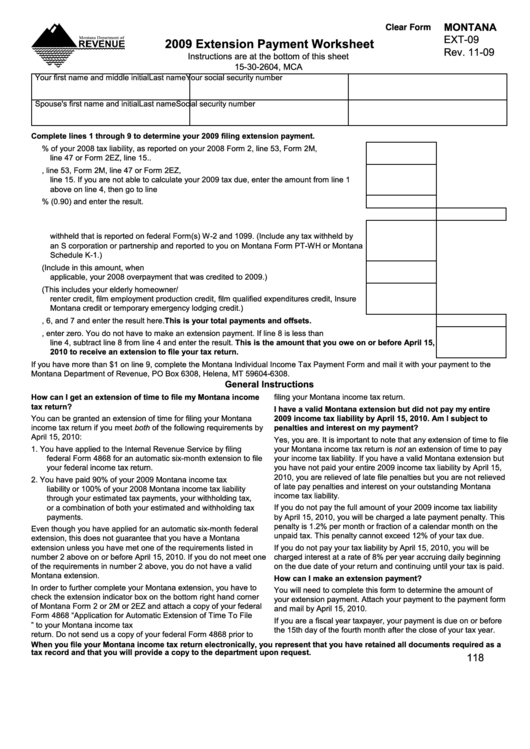 Fillable Form Ext-09 - Extension Payment Worksheet - 2009 Printable pdf