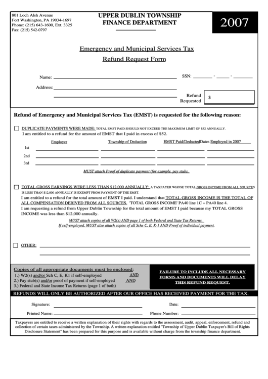 Fillable Emergency And Municipal Services Tax Refund Request Form - 2007 Printable pdf