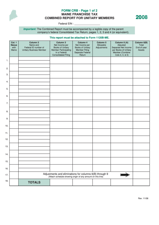 Form Crb - Maine Franchise Tax Combined Report For Unitary Members - 2008 Printable pdf