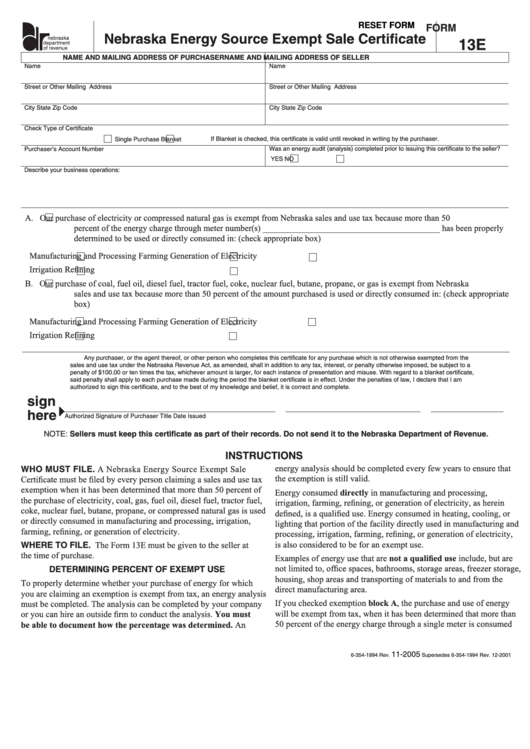 Fillable Form 13e - Nebraska Energy Source Exempt Sale Certificate Printable pdf