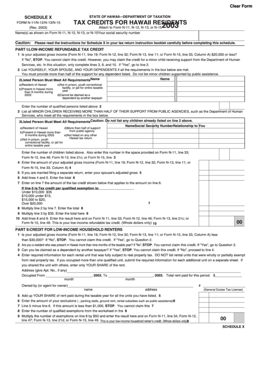 Fillable Form N-11/n-12/n-13/n-15 - Schedule X - Tax Credits For Hawaii Residents - 2003 Printable pdf