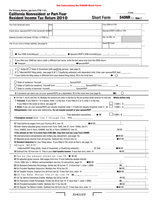 Fillable Form 540nr - California Nonresident Or Part-Year Resident Income Tax Return - Short Form - 2010 Printable pdf