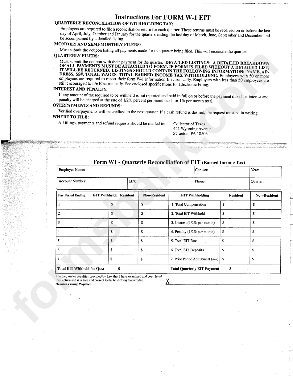 Form W-1 - Quarterly Reconciliation Of Eit (Earned Income Tax)