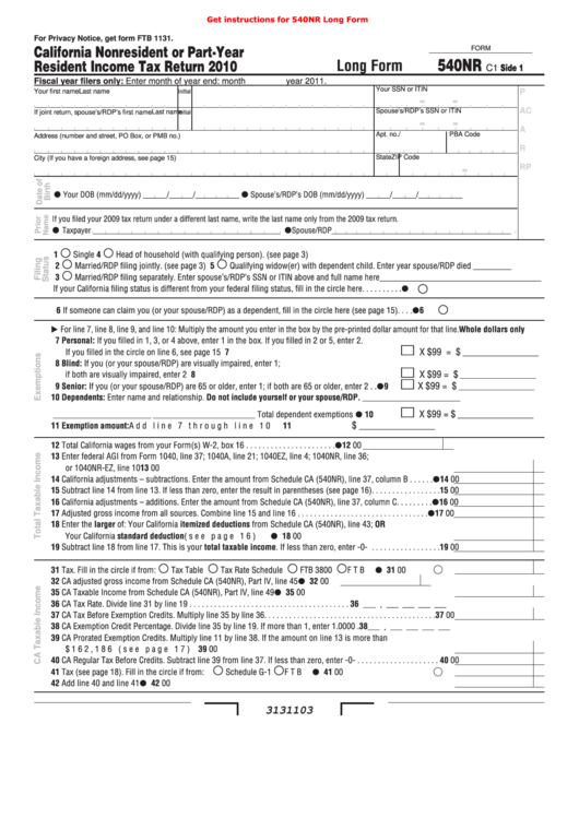 Fillable Form 540nr - California Nonresident Or Part-Year Resident Income Tax Return - 2010 Printable pdf