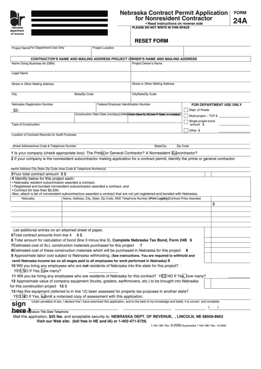 Fillable Form 24a - Nebraska Contract Permit Application For Nonresident Contractor Printable pdf