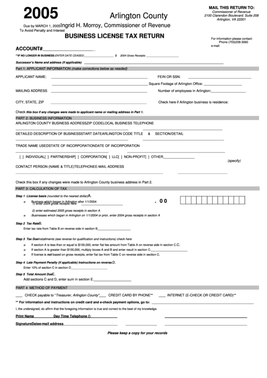Business License Tax Return Form 2005 - State Of Virginia Printable pdf