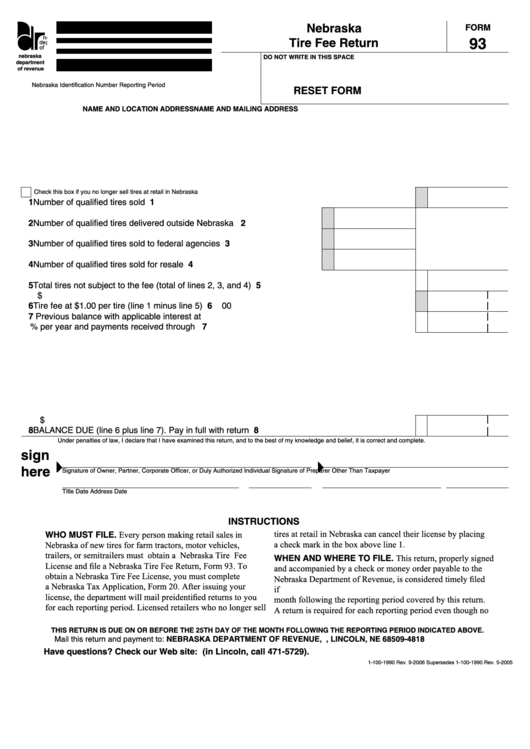 Fillable Form 93 - Nebraska Tire Fee Return Printable pdf
