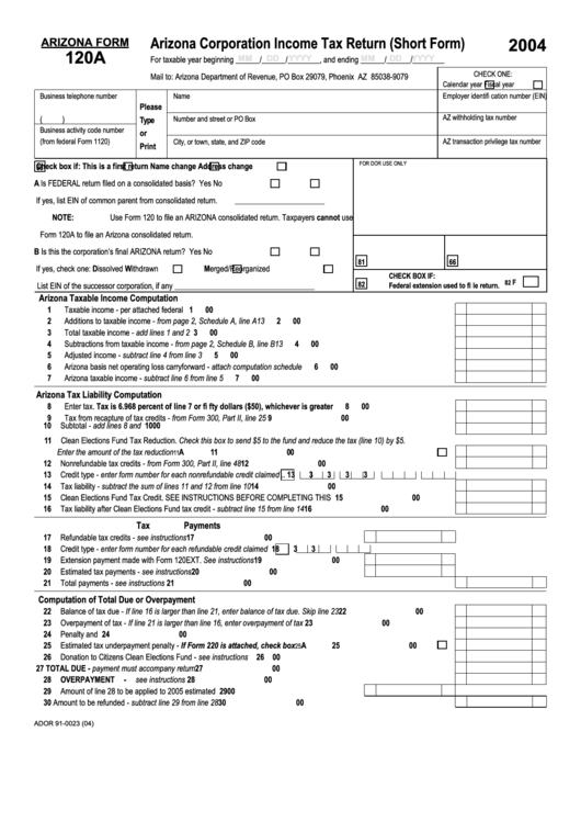 Arizona Form 120a - Arizona Corporation Income Tax Return (Short Form) - 2004 Printable pdf