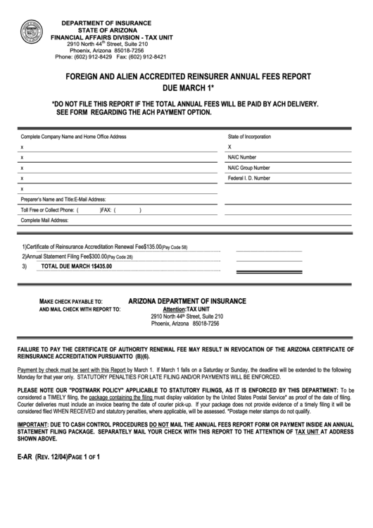 Fillable Form E-Ar - Foreign And Alien Accredited Reinsurer Annual Fees Report - 2004 Printable pdf