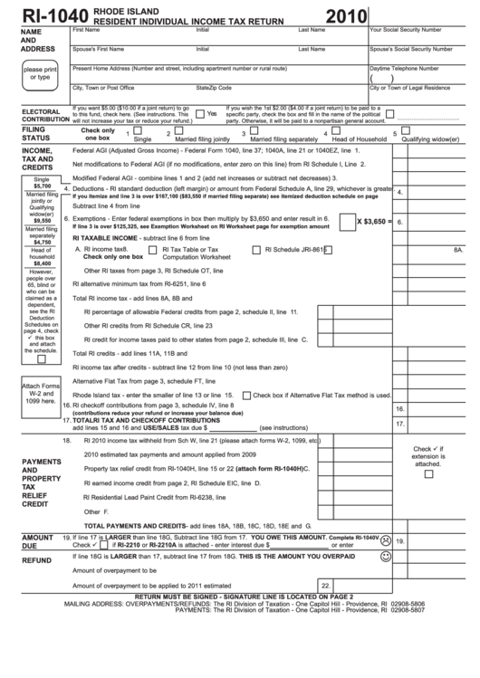 Form Ri-1040 - Resident Individual Income Tax Return - 2010 Printable pdf
