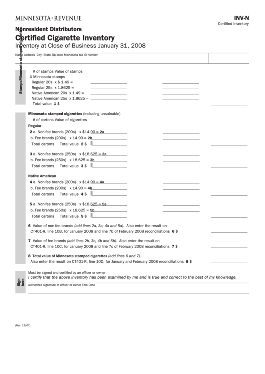 Form Inv-N - Certified Cigarette Inventory Printable pdf