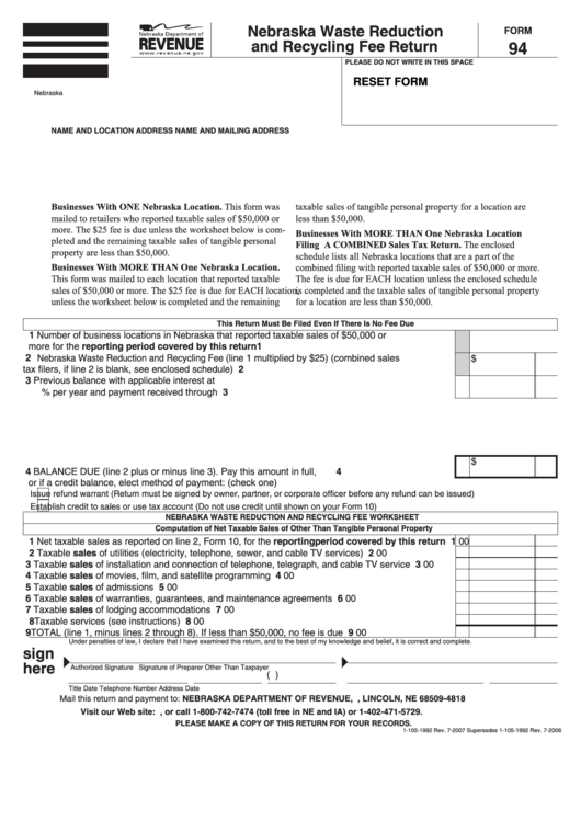 Fillable Form 94 - Nebraska Waste Reduction And Recycling Fee Return Printable pdf