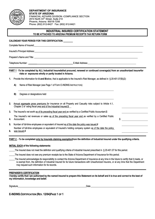 Fillable Form E-Indins.cd - Industrial Insured Certification Statement - Department Of Insurance State Of Arizona Printable pdf