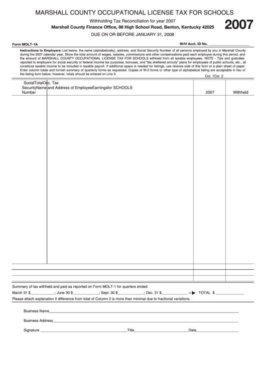 Form Molt-1a - Marshall County Occupational License Tax For Schools - 2007 Printable pdf