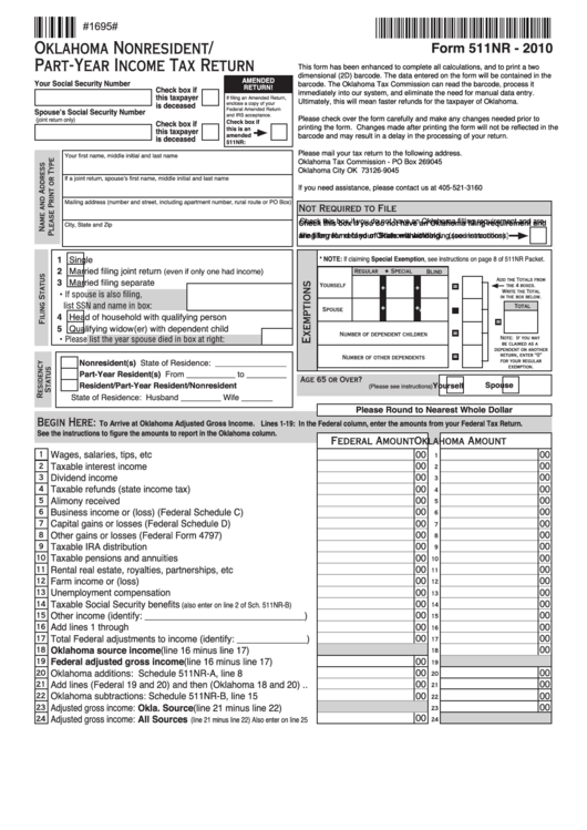 Fillable Form 511nr Oklahoma Nonresident/partYear Tax Return
