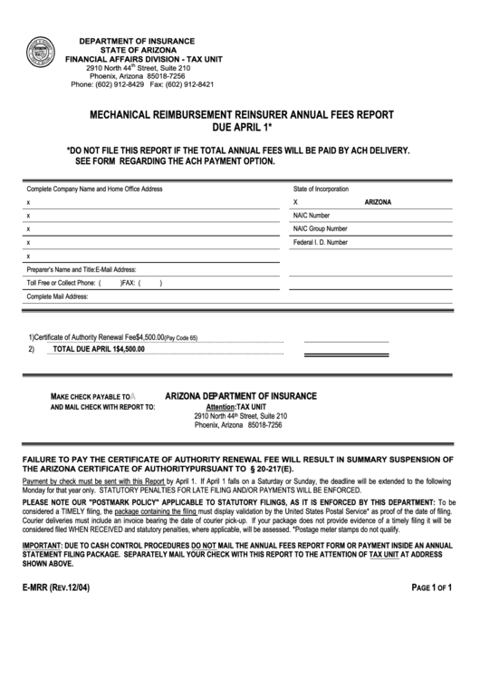 Fillable Form E-Mrr - Mechanical Reimbursement Reinsurer Annual Fees Report - 2004 Printable pdf