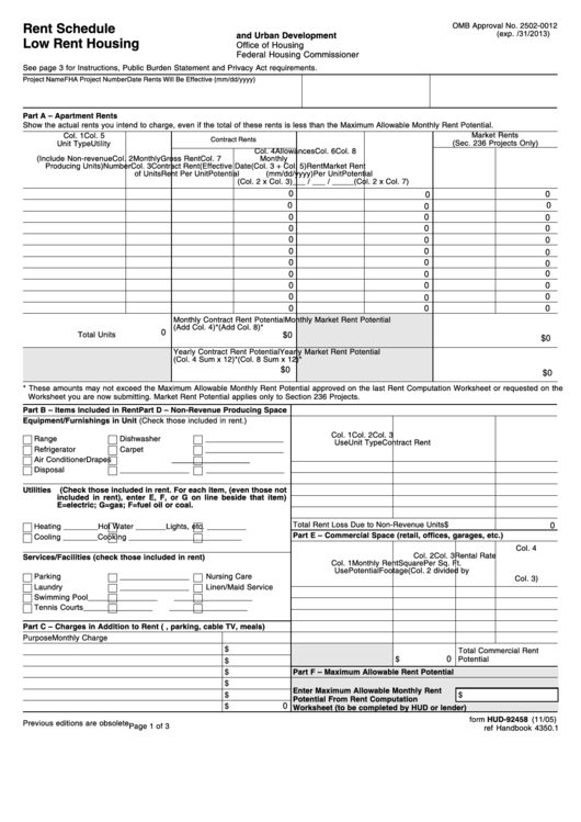 Fillable Form Hud-92458 - Rent Schedule Low Rent Housing - 2005 Printable pdf