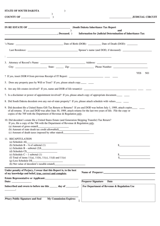 South Dakota Inheritance Tax Report And Information For Judicial Determination Of Inheritance Tax Form Printable pdf