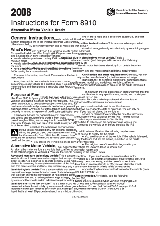 Instructions For Form 8910 - Alternative Motor Vehicle Credit - 2008 Printable pdf