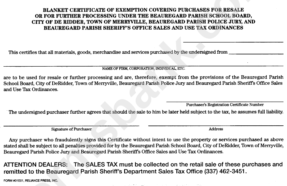 Form 01e01 - Blanket Certificate Of Exemption Covering Purchases For Resale Or For Further Processing - Beauregard Parish Sheriff