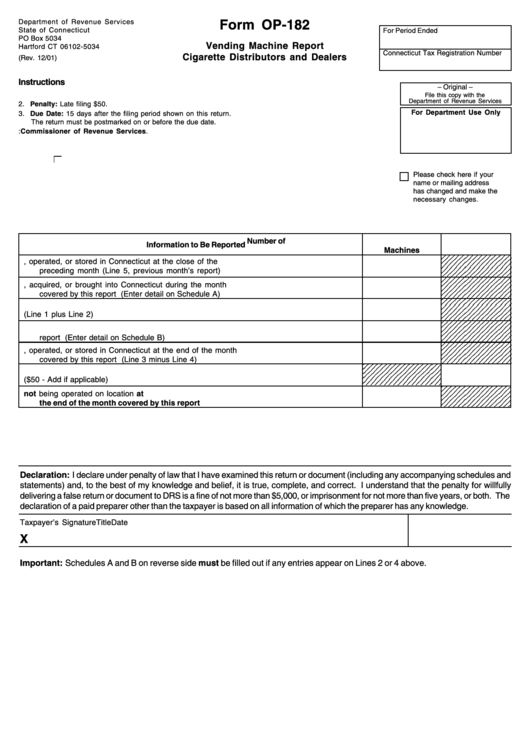 Form Op-182 - Vending Machine Report Cigarette Distributors And Dealers - Department Of Revenue Services Printable pdf