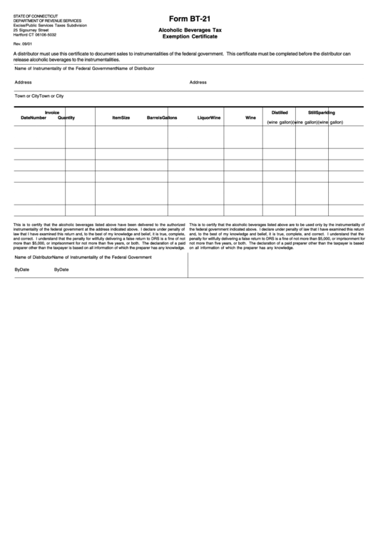 Form Bt-21 - Alcoholic Beverages Tax Exemption Certificate - Department Of Revenue Services Printable pdf