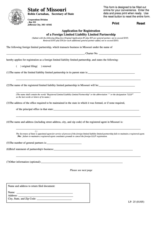 Form Lp- 25 - Application For Registration Of A Foreign Limited Liability Limited Partnership