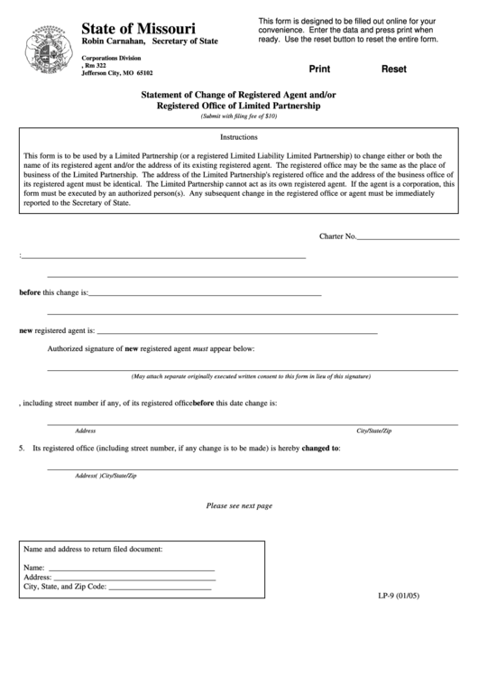 Fillable Form Lp-9 - Statement Of Change Of Registered Agent And/or Registered Office Of Limited Partnership Printable pdf