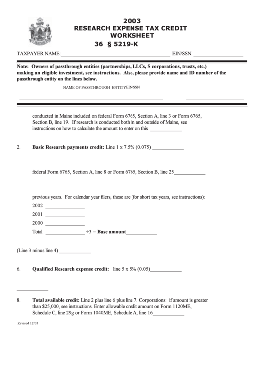 Research Expense Tax Credit Worksheet - Maine Department Of Revenue - 2003 Printable pdf