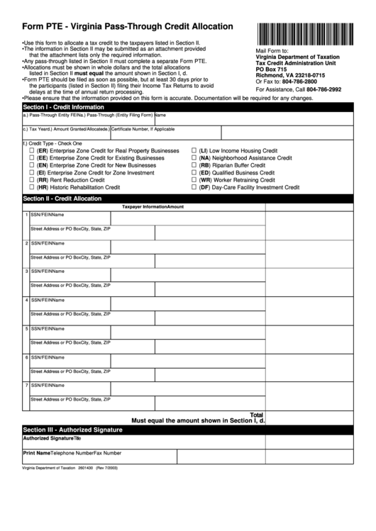 Form Pte - Virginia Pass-Through Credit Allocation - 2003 Printable pdf