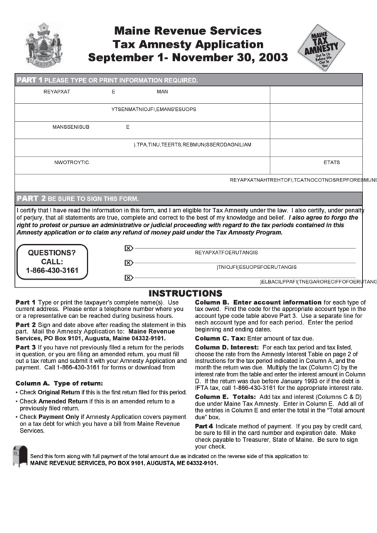 Maine Tax Amnesty Application Form - September 1 - November 30, 2003 Printable pdf