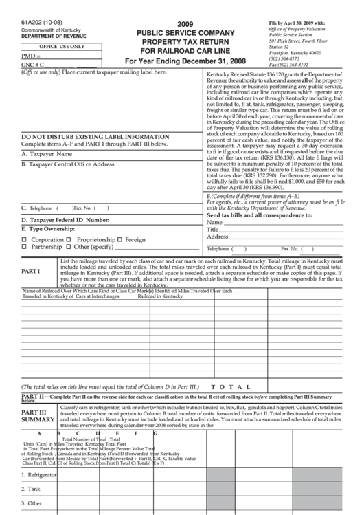 Form 61a202 - Public Service Company Property Tax Return For Railroad Car Line - 2009 Printable pdf