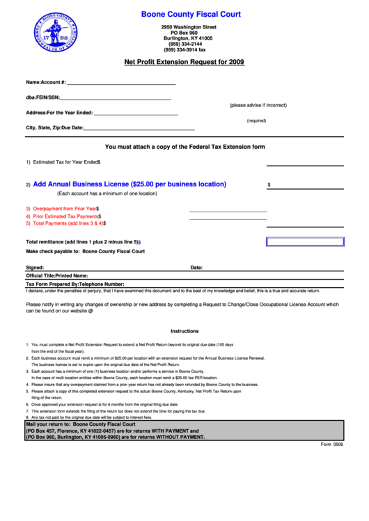 Form 0506 - Net Profit Extension Request - Boone County Fiscal Court - 2009 Printable pdf