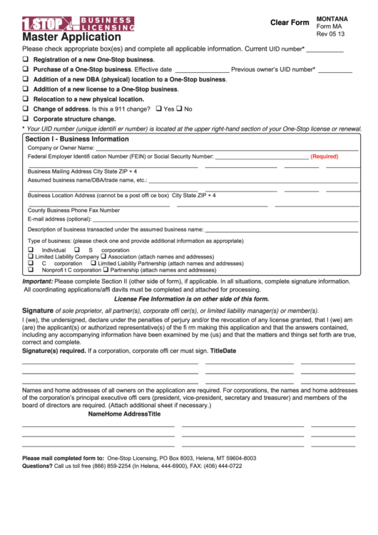 Fillable Form Ma - Master Application Printable pdf