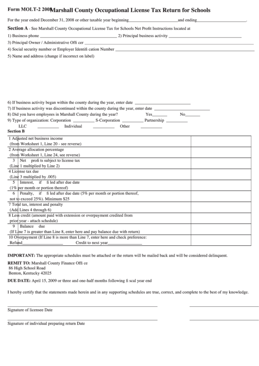 Form Molt-2 - Marshall County Occupational License Tax Return For Schools - 2008 Printable pdf