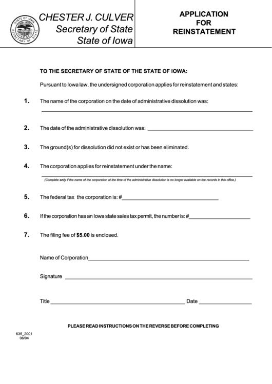 Form 635_2001 - Application For Reinstatement Printable pdf