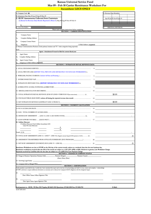 Form Kusf - Carrier Remittance Worksheet For Incumbent Lecs Only-Kansas Universal Service Fund - 2009/2010 Printable pdf
