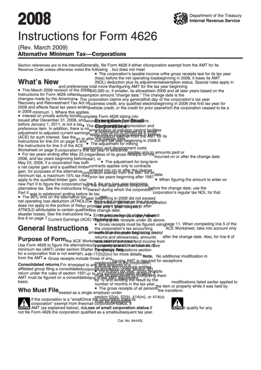 Instructions For Form 4626 - Alternative Minimum Tax - Corporations - 2008 Printable pdf