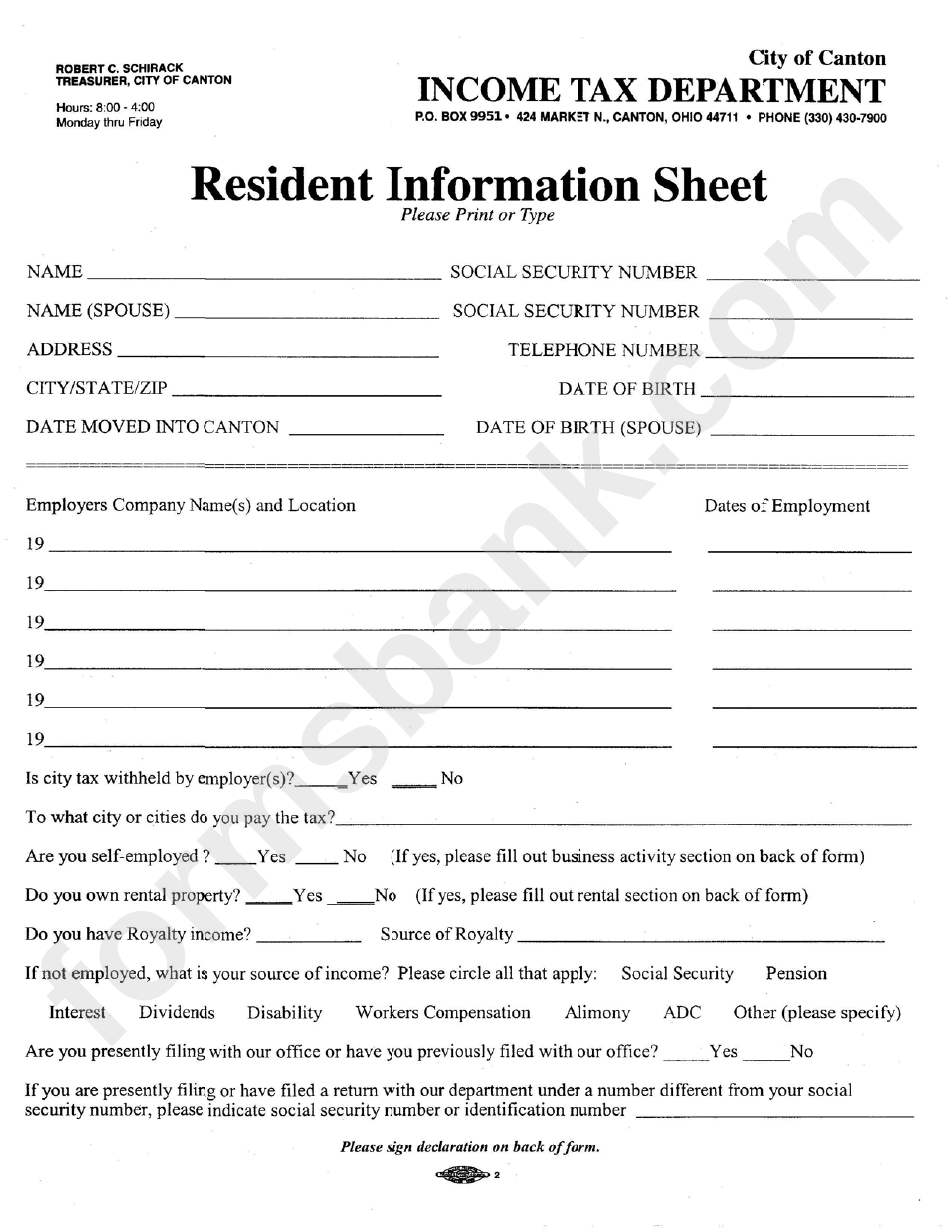 Resident Information Sheet - City Of Canton