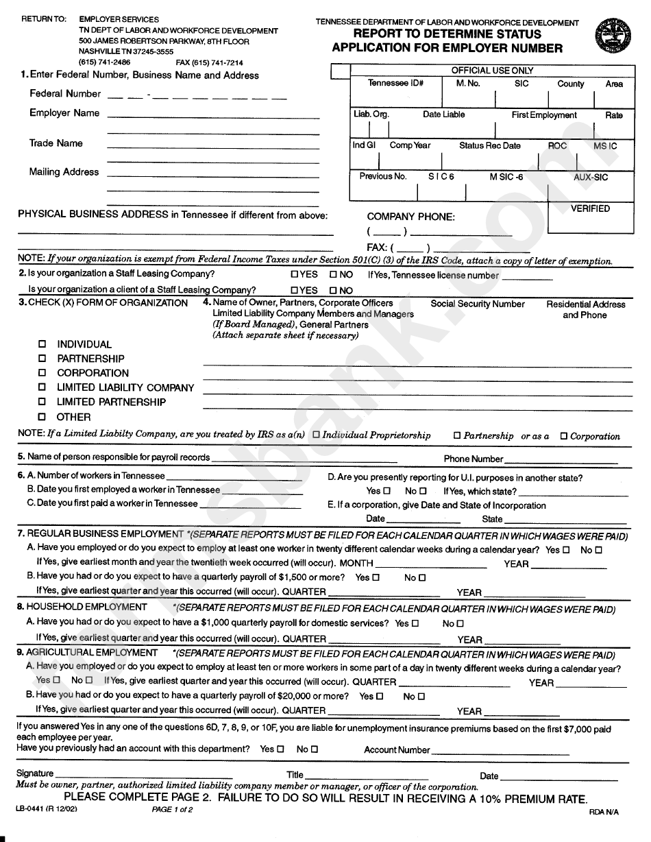 Form Lb-0441 - Report To Determine Status Application For Employer Number - Tennessee Department Of Labor And Workforce Development - 2002