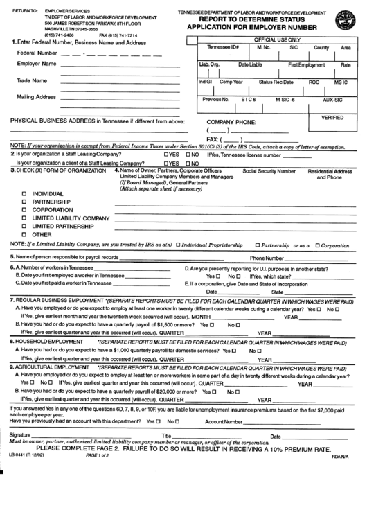 Form Lb-0441 - Report To Determine Status Application For Employer Number - Tennessee Department Of Labor And Workforce Development - 2002 Printable pdf