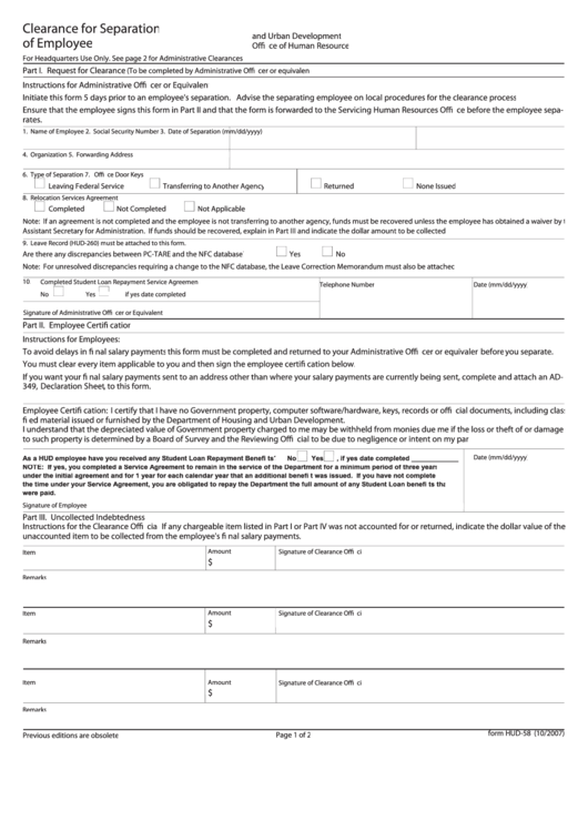 Fillable Form Hud-58 - Clearance For Separation Of Employee - 2007 Printable pdf