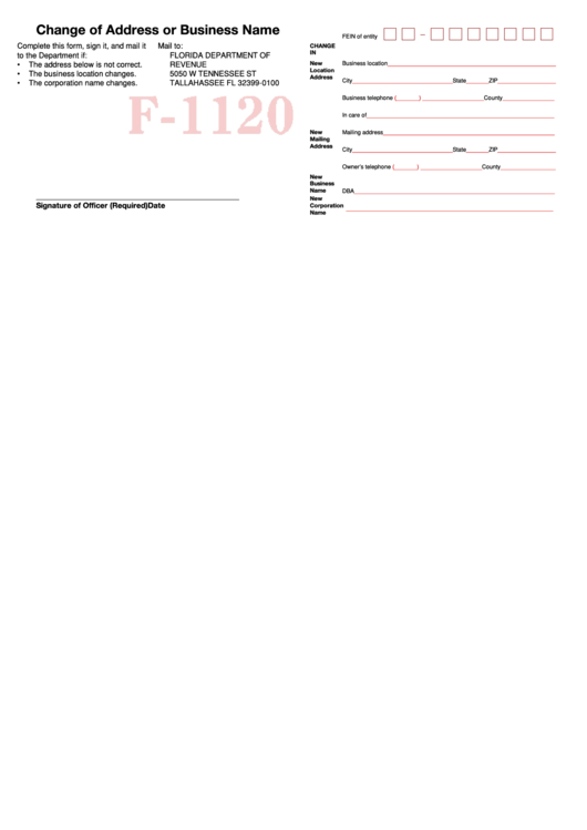 Form F-1120 - Change Of Address Or Business Name - 2003 Printable pdf